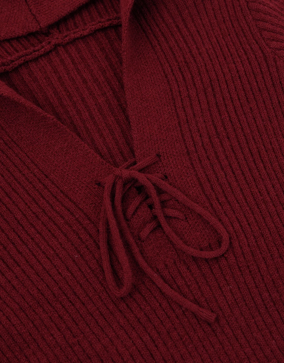 Ribbed Knit Lace Up V Neck Long Sleeve Hooded Mini Dress Ribbed Knit Lace Up V Neck Long Sleeve Hooded Mini Dress