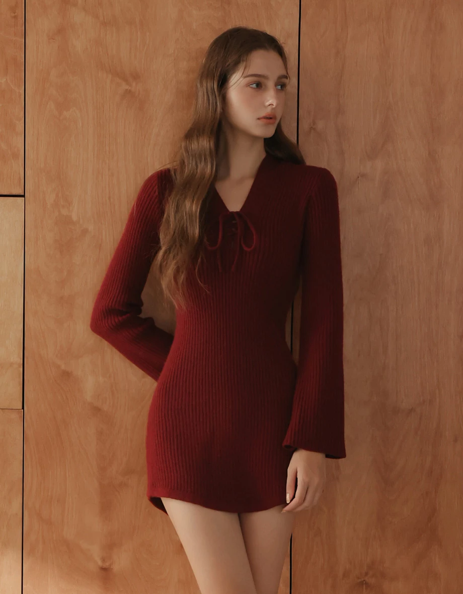 Ribbed Knit Lace Up V Neck Long Sleeve Hooded Mini Dress Ribbed Knit Lace Up V Neck Long Sleeve Hooded Mini Dress