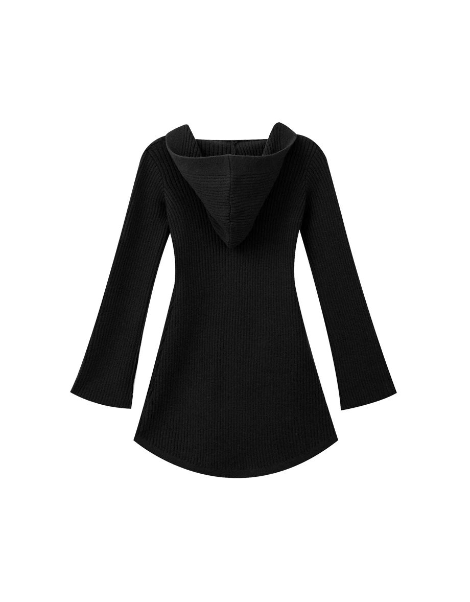 Ribbed Knit Lace Up V Neck Long Sleeve Hooded Mini Dress