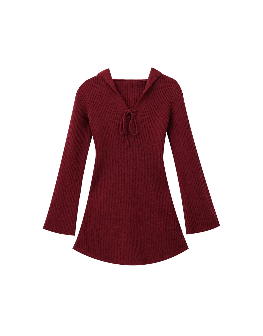 Ribbed Knit Lace Up V Neck Long Sleeve Hooded Mini Dress