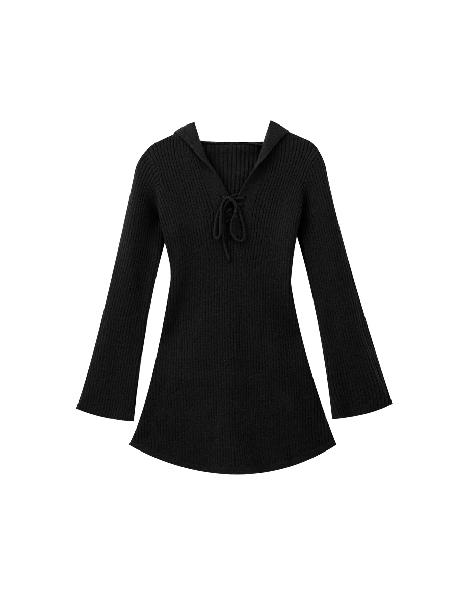 Ribbed Knit Lace Up V Neck Long Sleeve Hooded Mini Dress