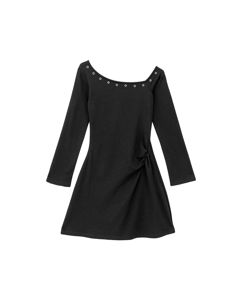 Eyelet Trim Asymmetric One Shoulder Bodycon Padded Mini Dress