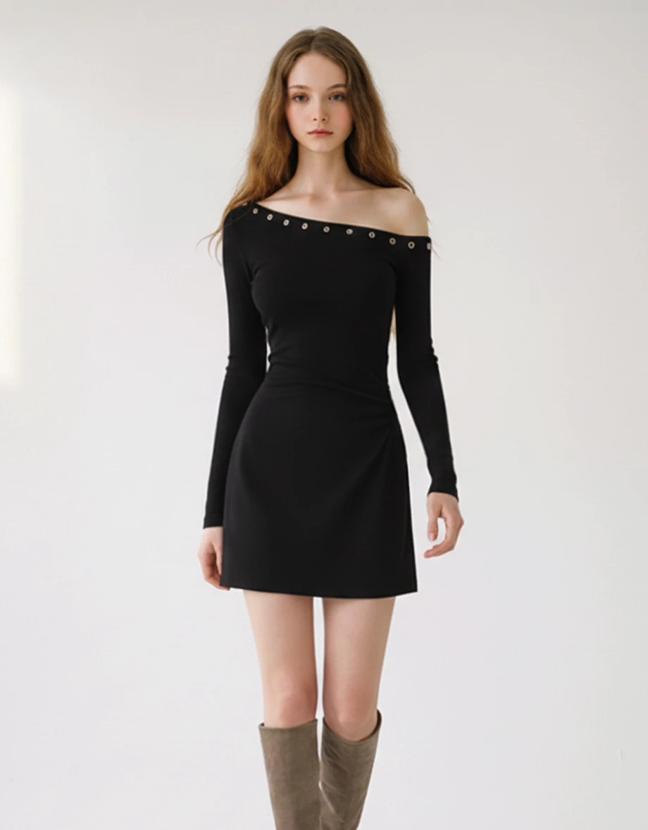 Eyelet Trim Asymmetric One Shoulder Bodycon Padded Mini Dress