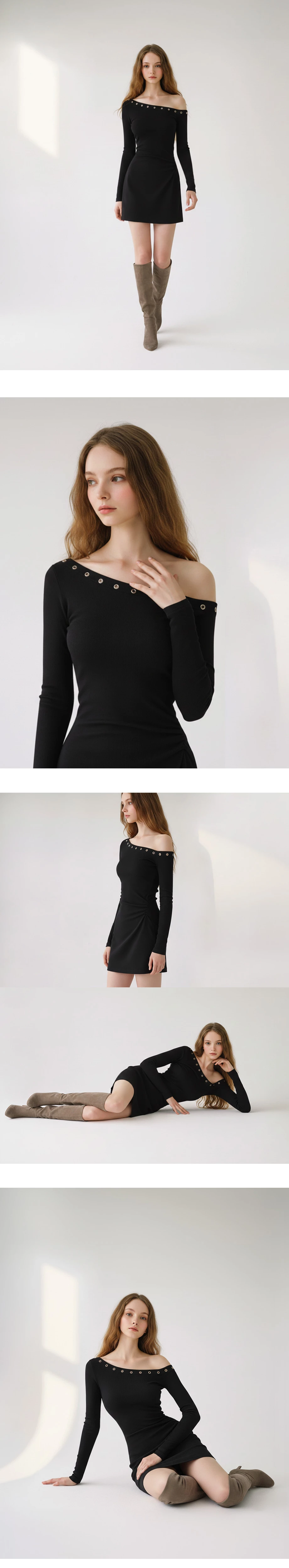 Eyelet Trim Asymmetric One Shoulder Bodycon Padded Mini Dress