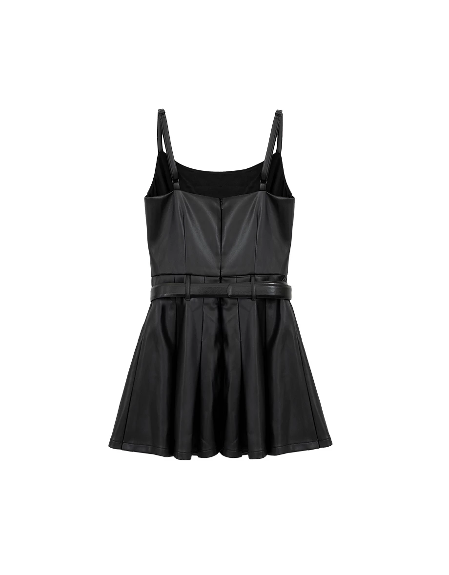 【Heat Tech】Sleeveless Faux Leather Belted Pleated Mini Dress