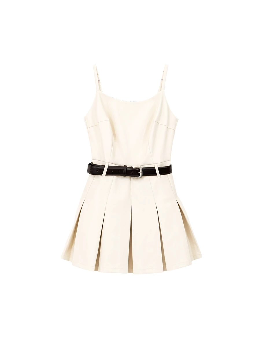 【Heat Tech】Sleeveless Faux Leather Belted Pleated Mini Dress