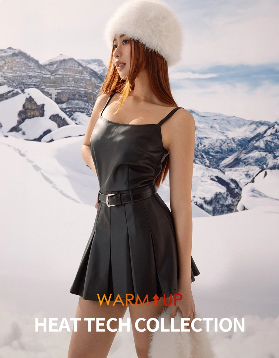 【Heat Tech】Sleeveless Faux Leather Belted Pleated Mini Dress