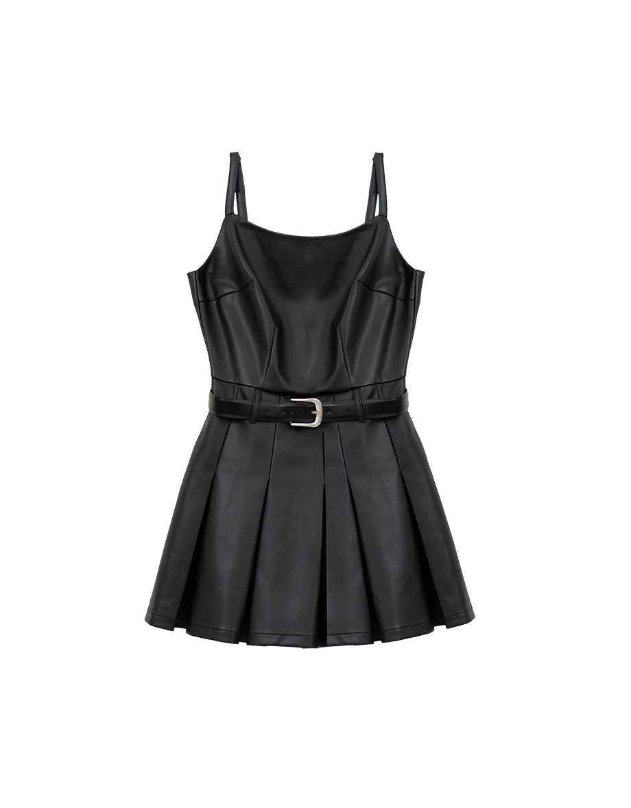 【Heat Tech】Sleeveless Faux Leather Belted Pleated Mini Dress