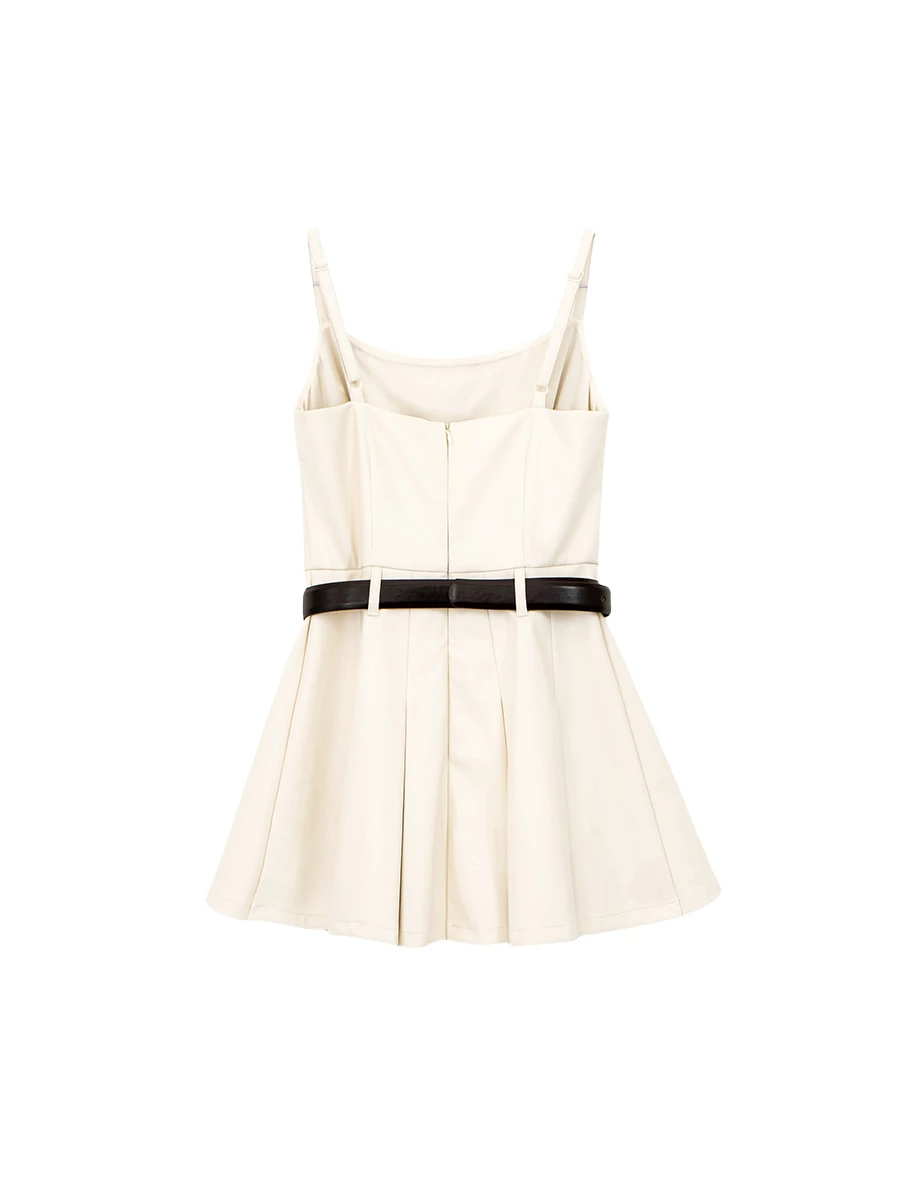 【Heat Tech】Sleeveless Faux Leather Belted Pleated Mini Dress