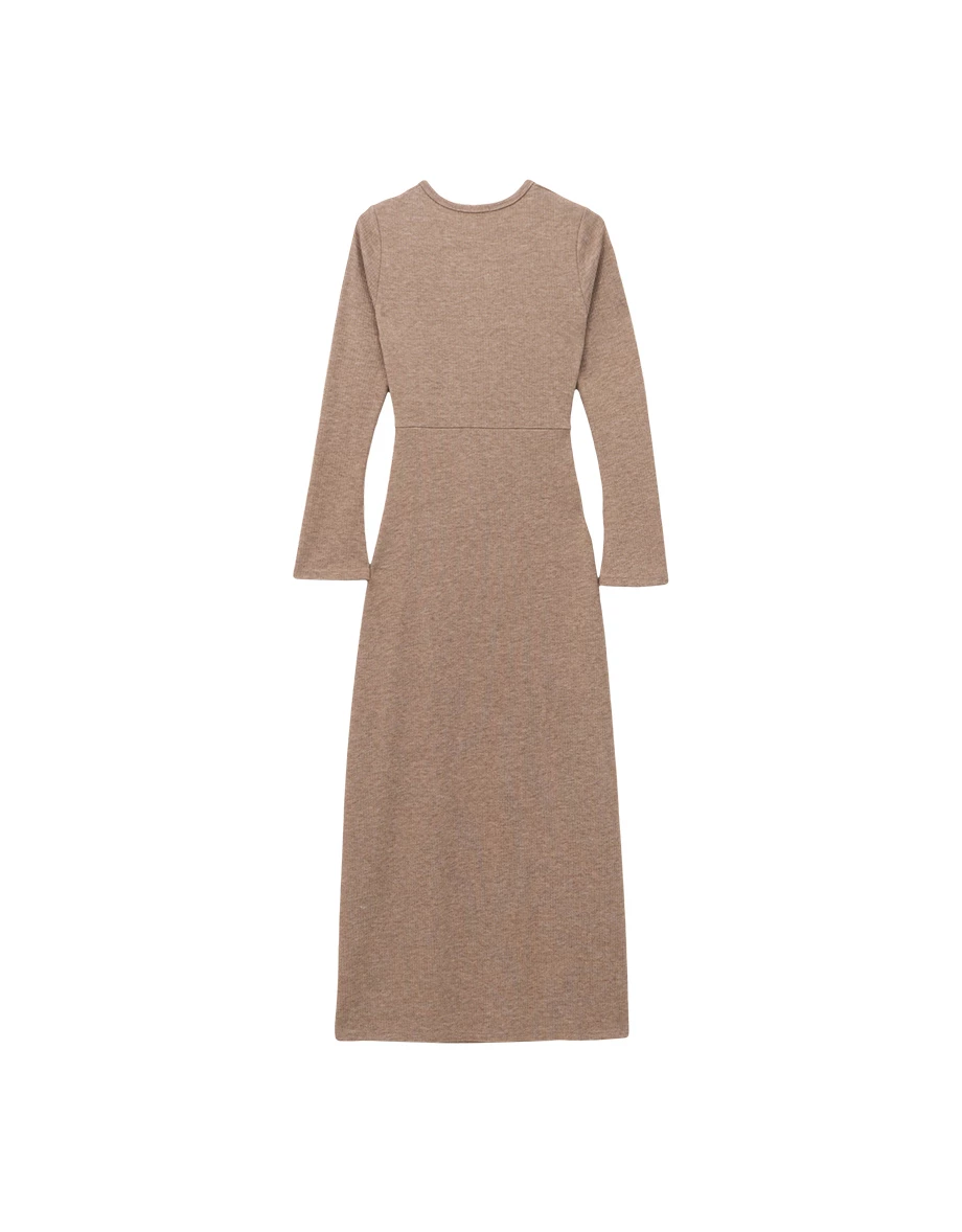 Long Sleeve Ruched Waist Side Slit Bodycon Maxi Dress with Placket Buttons