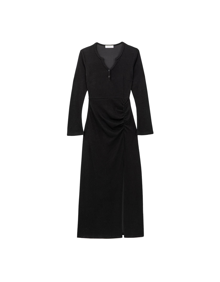 Long Sleeve Ruched Waist Side Slit Bodycon Maxi Dress with Placket Buttons