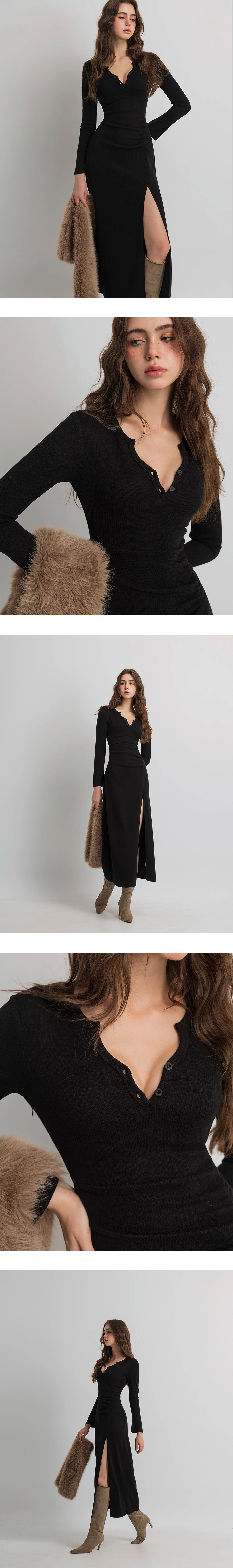 Long Sleeve Ruched Waist Side Slit Bodycon Maxi Dress with Placket Buttons