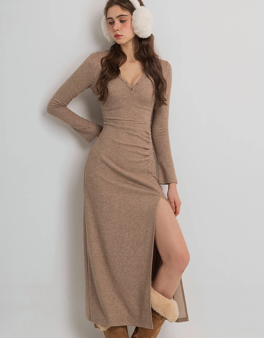 Long Sleeve Ruched Waist Side Slit Bodycon Maxi Dress with Placket Buttons