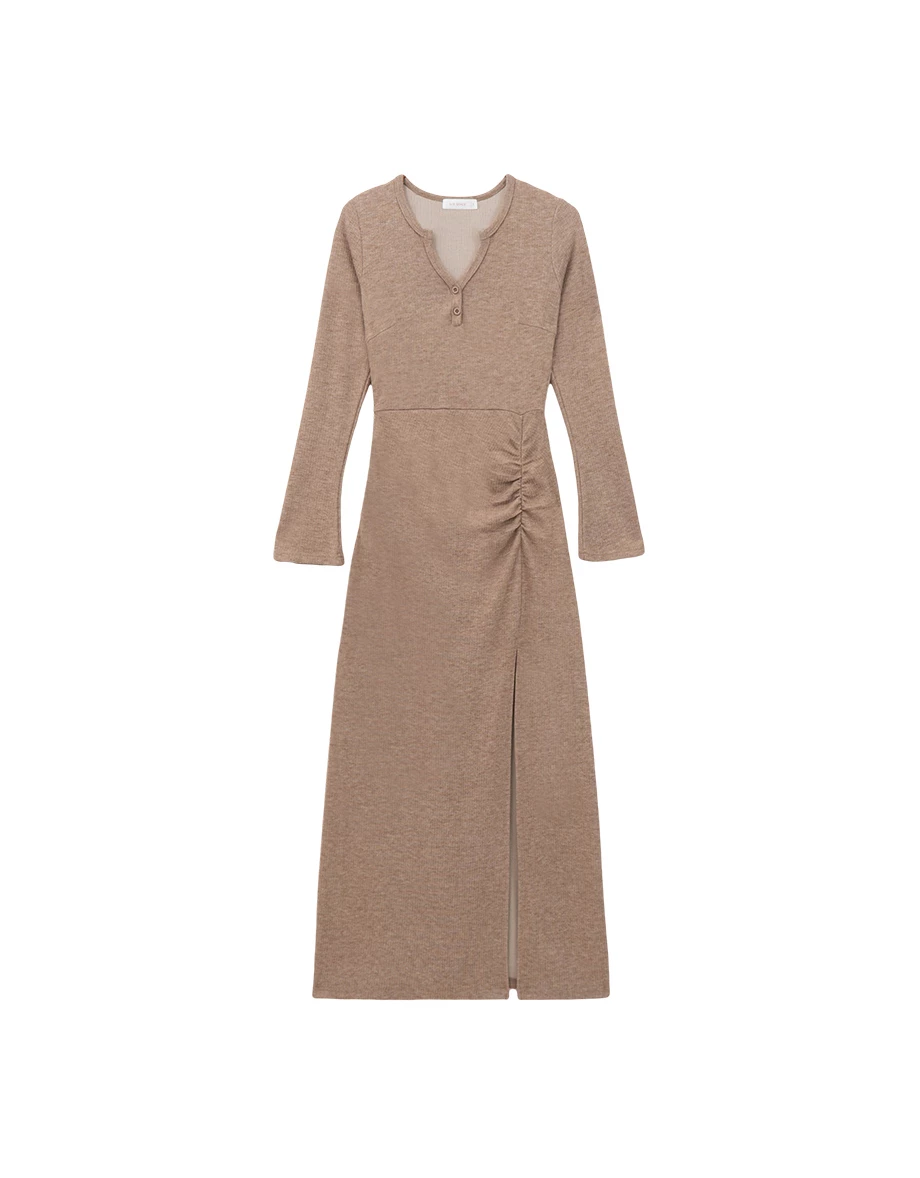 Long Sleeve Ruched Waist Side Slit Bodycon Maxi Dress with Placket Buttons