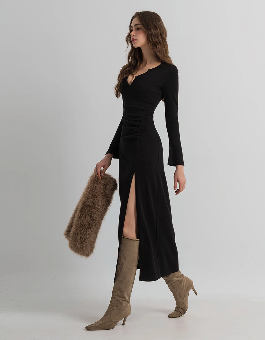 Long Sleeve Ruched Waist Side Slit Bodycon Maxi Dress with Placket Buttons