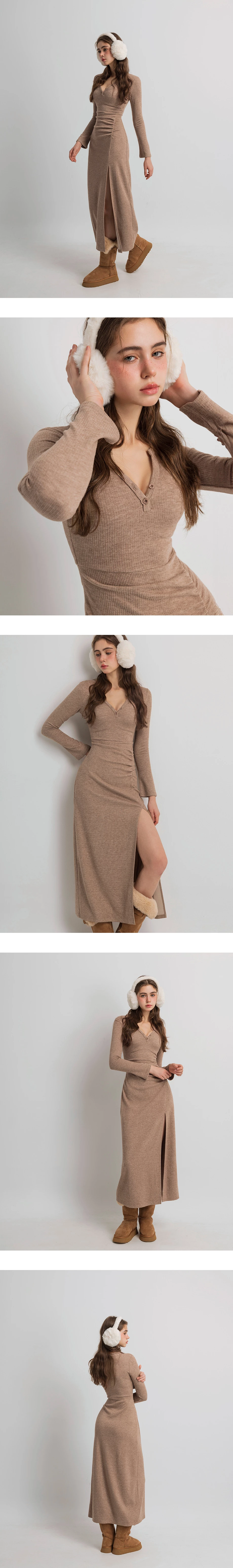 Long Sleeve Ruched Waist Side Slit Bodycon Maxi Dress with Placket Buttons