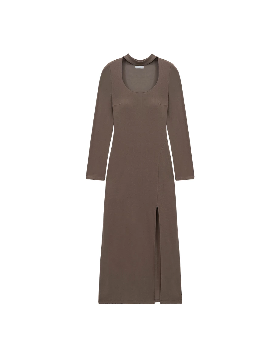 【Heat Tech】Cut Out Choker Scoop Neck Long Sleeve Side Slit Padded Maxi Dress