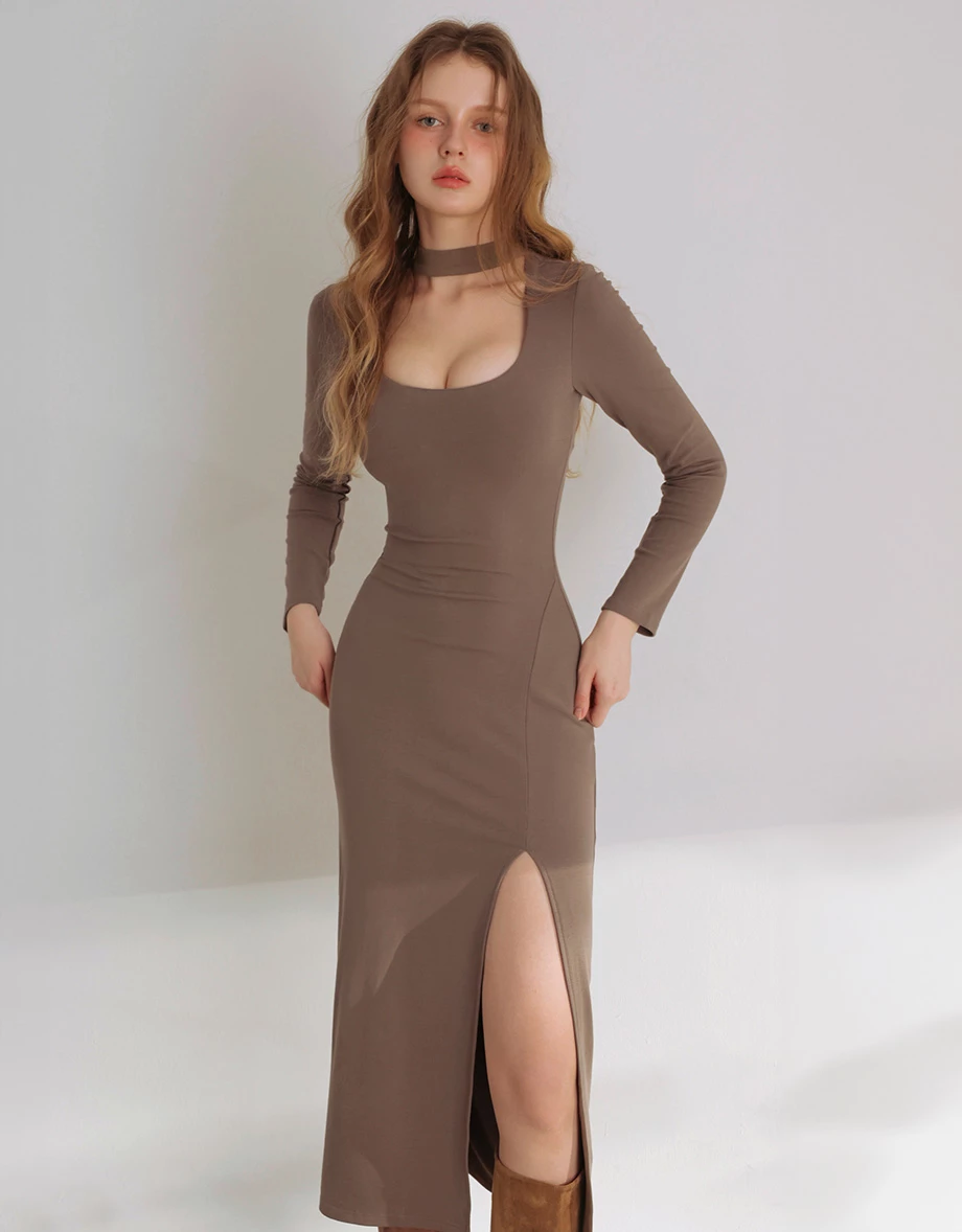【Heat Tech】Cut Out Choker Scoop Neck Long Sleeve Side Slit Padded Maxi Dress 【Heat Tech】Cut Out Choker Scoop Neck Long Sleeve Side Slit Padded Maxi Dress