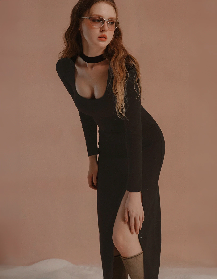 【Heat Tech】Cut Out Choker Scoop Neck Long Sleeve Side Slit Padded Maxi Dress 【Heat Tech】Cut Out Choker Scoop Neck Long Sleeve Side Slit Padded Maxi Dress
