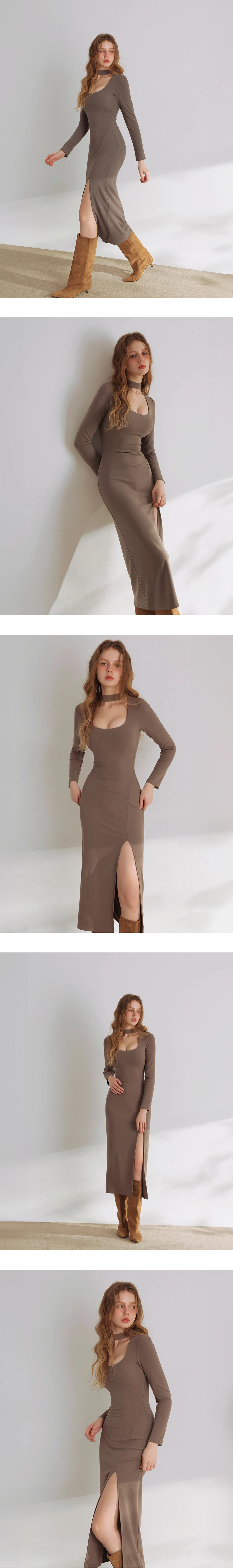 【Heat Tech】Cut Out Choker Scoop Neck Long Sleeve Side Slit Padded Maxi Dress 【Heat Tech】Cut Out Choker Scoop Neck Long Sleeve Side Slit Padded Maxi Dress