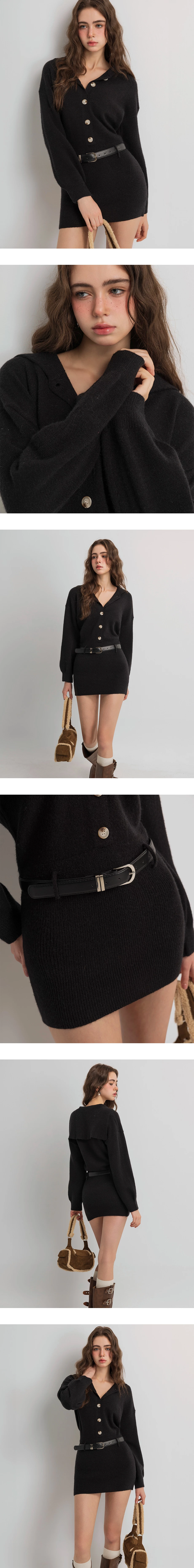 Sailor Collar Button Front Knit Long Sleeve Mini Dress (with Belt)