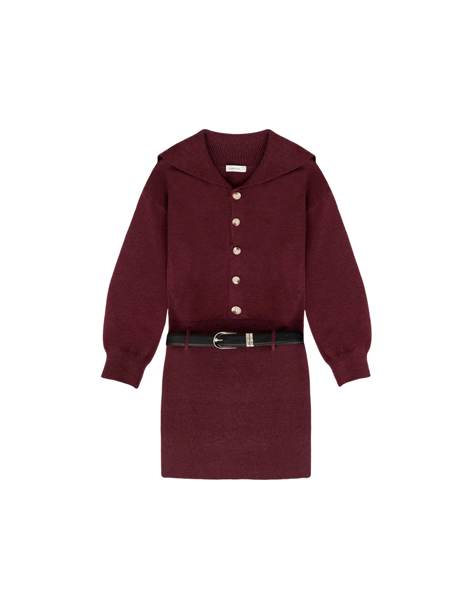 Sailor Collar Button Front Knit Long Sleeve Mini Dress (with Belt)