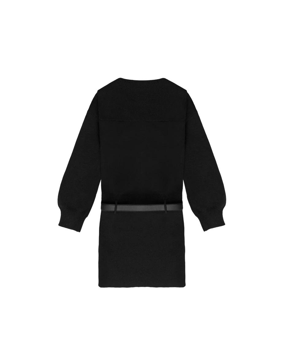 Sailor Collar Button Front Knit Long Sleeve Mini Dress (with Belt)