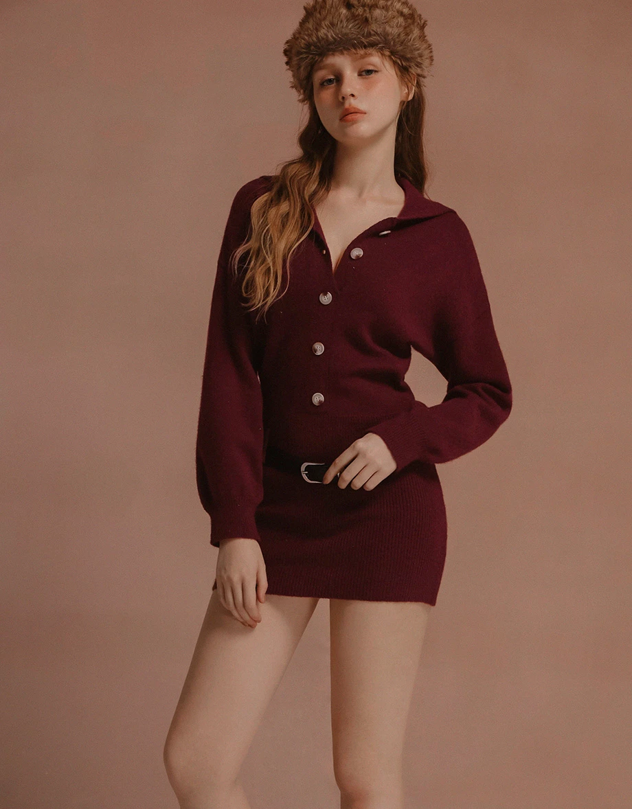 Sailor Collar Button Front Knit Long Sleeve Mini Dress (with Belt)