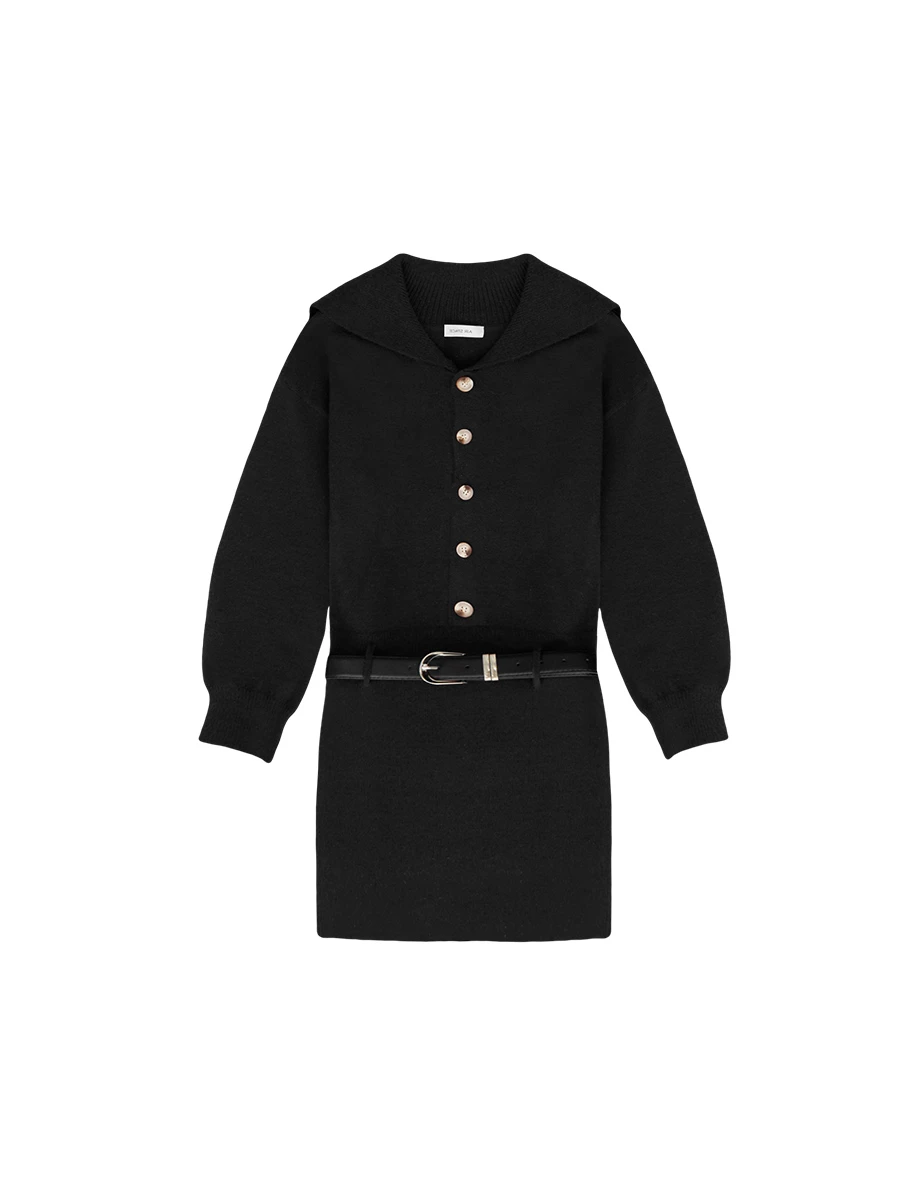 Sailor Collar Button Front Knit Long Sleeve Mini Dress (with Belt)