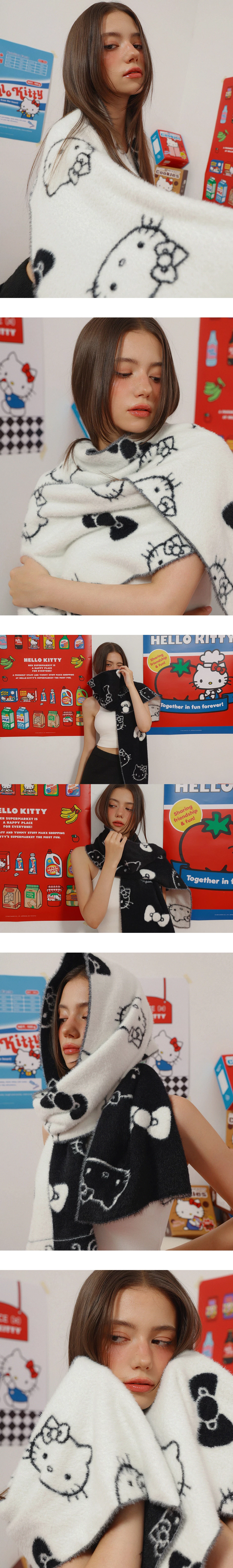 【Hello Kitty Collaboration】Fuzzy Reversible Scarf with Kitty & Bow Pattern