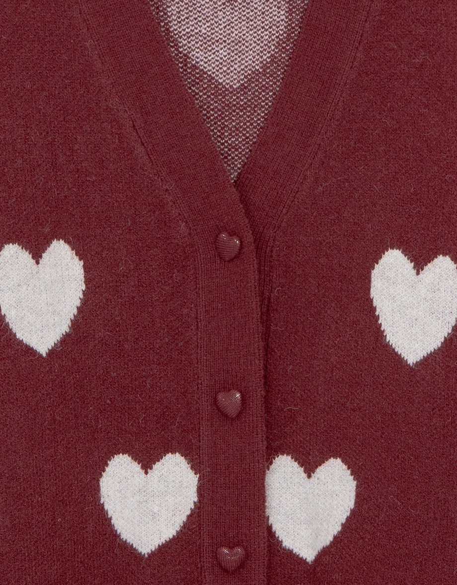 V Neck Long Sleeve Heart Printed Knit Cardigan Sweater