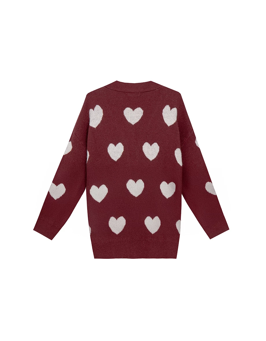 V Neck Long Sleeve Heart Printed Knit Cardigan Sweater
