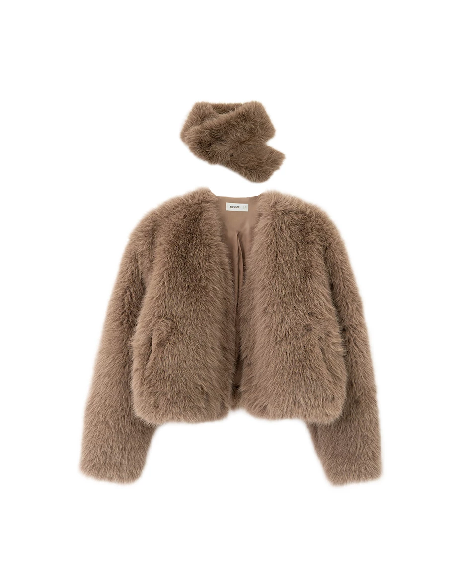 Luxe Taupe Faux Fur Cropped Jacket and Scarf Set