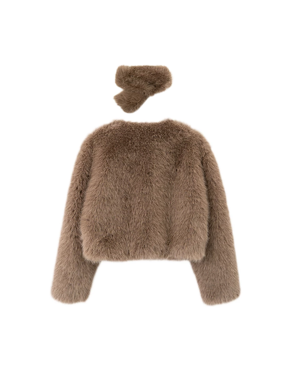 Luxe Taupe Faux Fur Cropped Jacket and Scarf Set