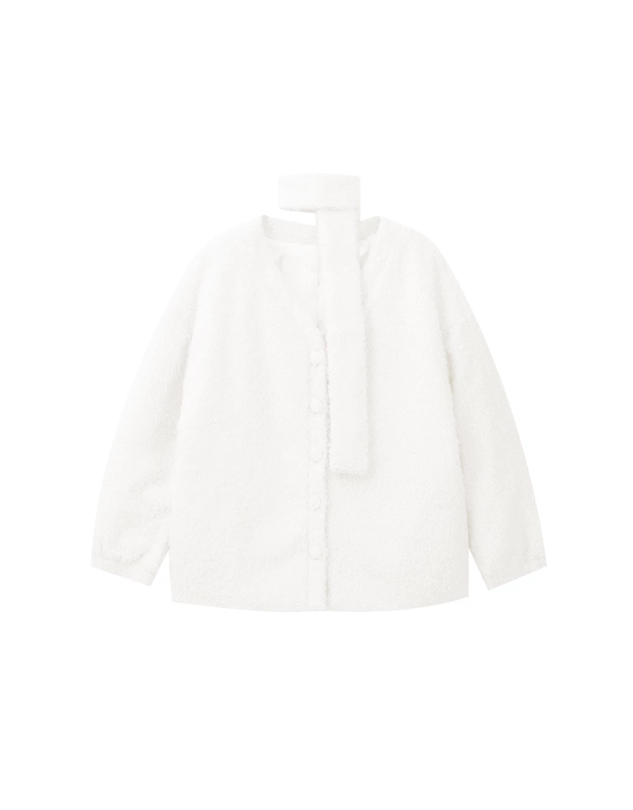 Soft Textured Fluffy Knit Open Front Cardigan (with Scarf)