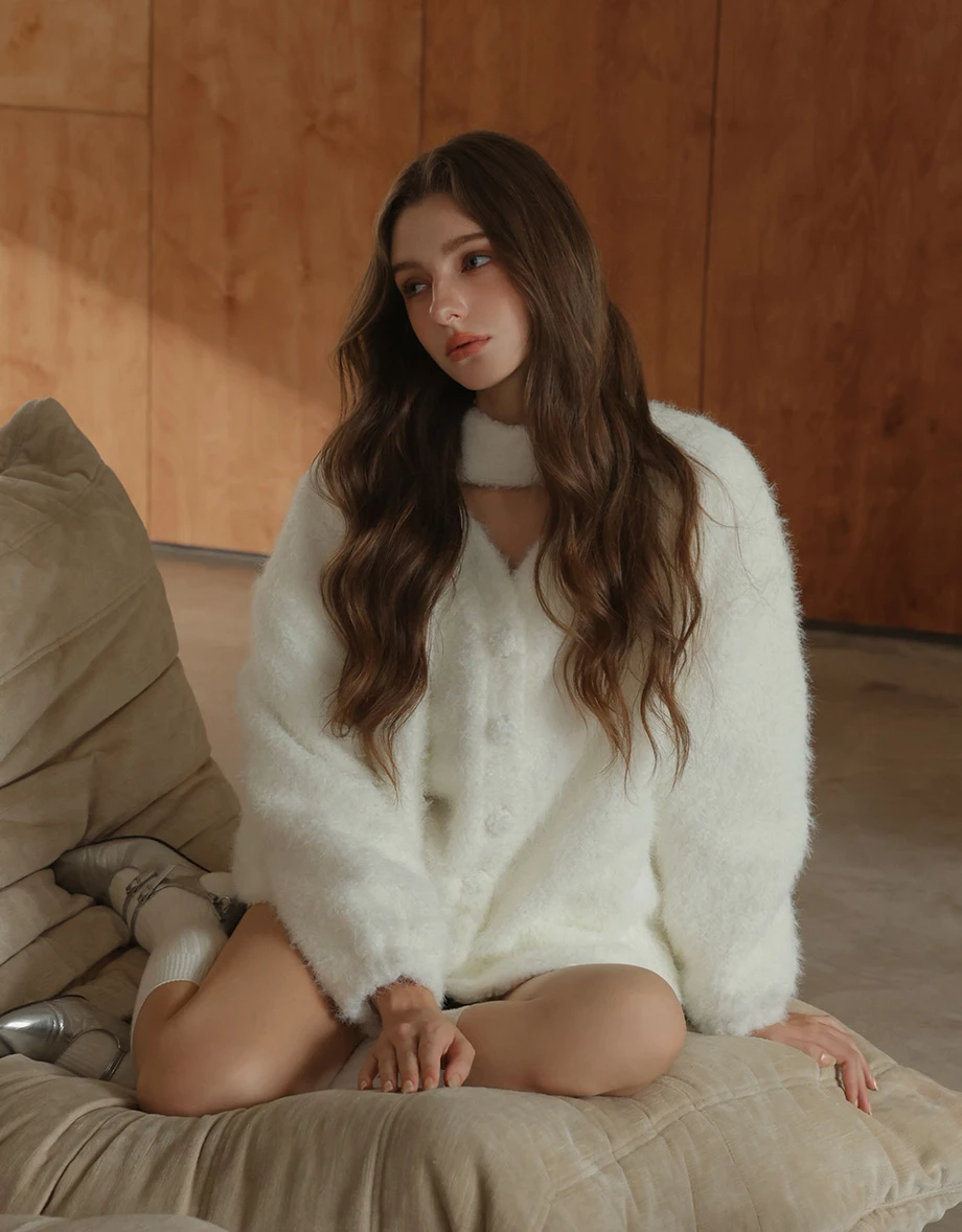 Soft Textured Fluffy Knit Open Front Cardigan (with Scarf)