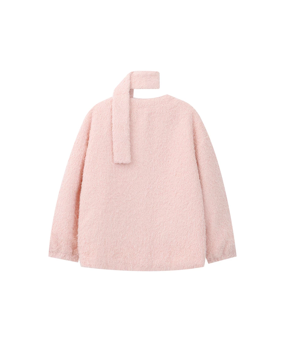 Soft Textured Fluffy Knit Open Front Cardigan (with Scarf)