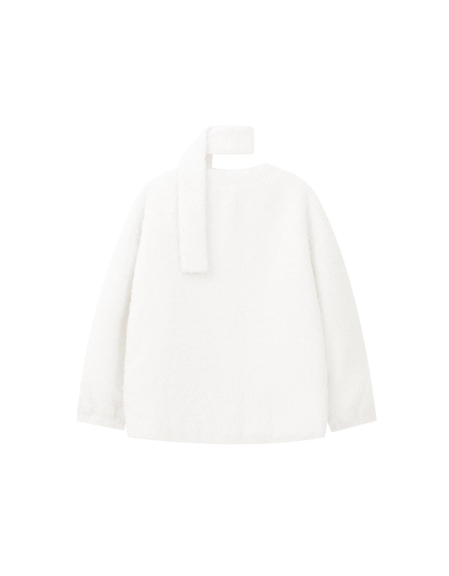 Soft Textured Fluffy Knit Open Front Cardigan (with Scarf)