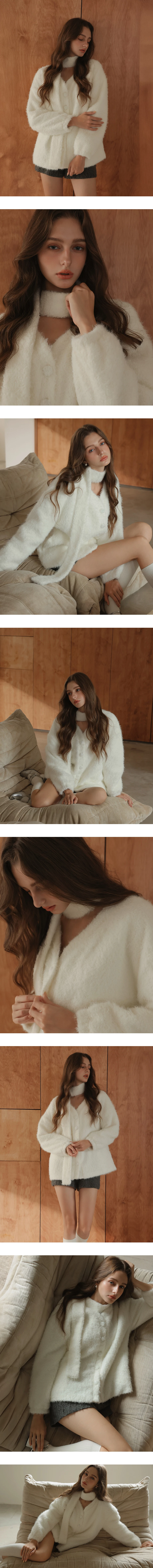 Soft Textured Fluffy Knit Open Front Cardigan (with Scarf)