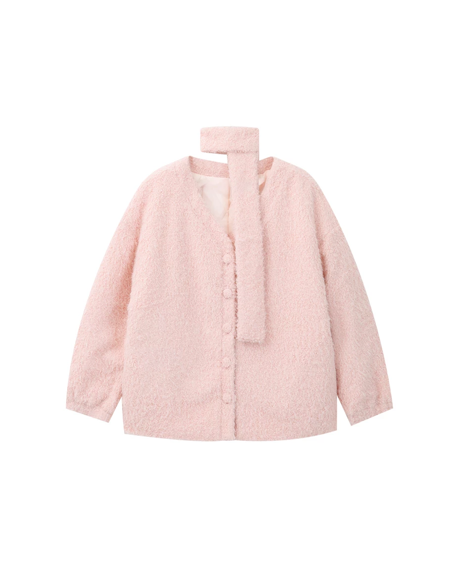 Soft Textured Fluffy Knit Open Front Cardigan (with Scarf)