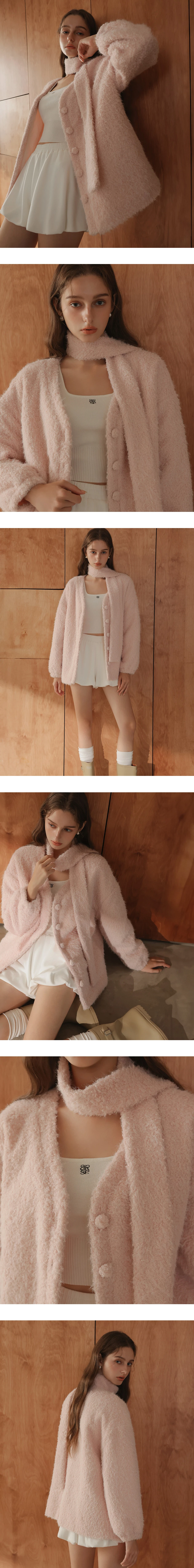 Soft Textured Fluffy Knit Open Front Cardigan (with Scarf)