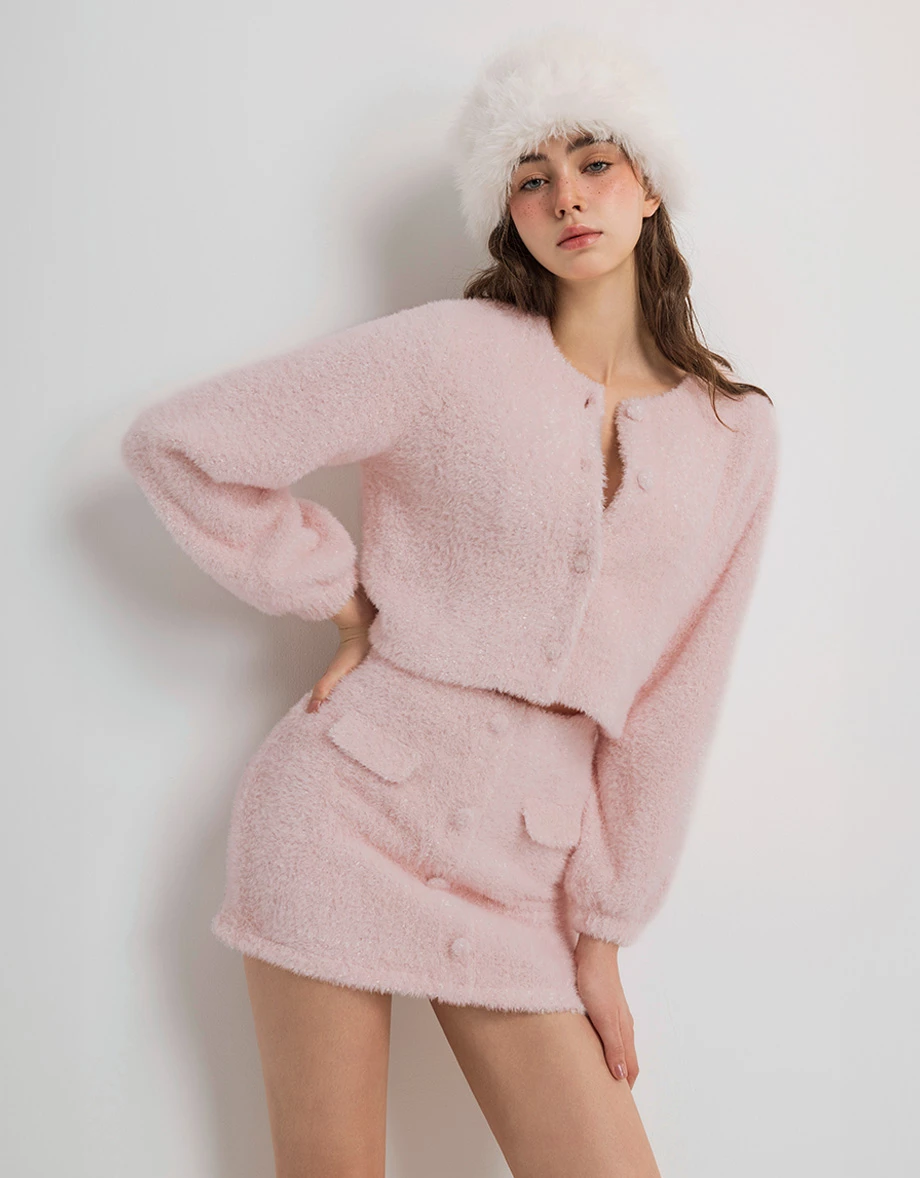 Soft Touch Fluffy Knit Buttoned Cropped Cardigan Top