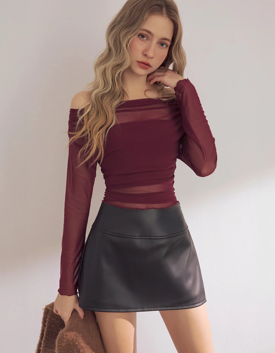 Sheer Off Shoulder Mesh Long Sleeve Top with Matching Bandeau Padded Bra Top Set Wear