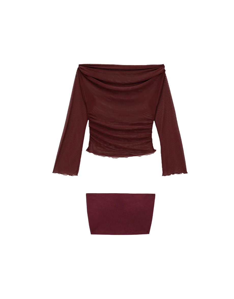 Sheer Off Shoulder Mesh Long Sleeve Top with Matching Bandeau Padded Bra Top Set Wear