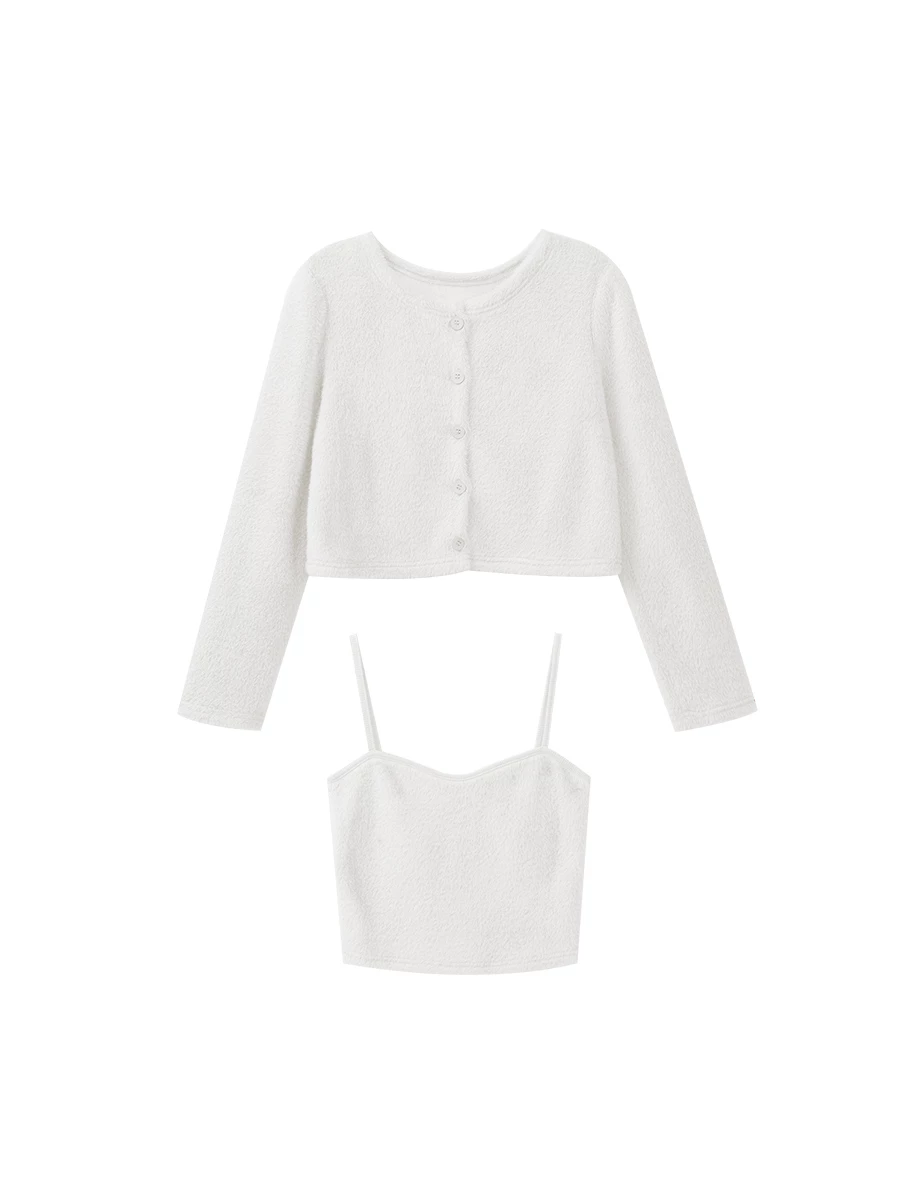 Fluffy Knit Cropped Cardigan and Matching Spaghetti Strap Camisole Set Wear