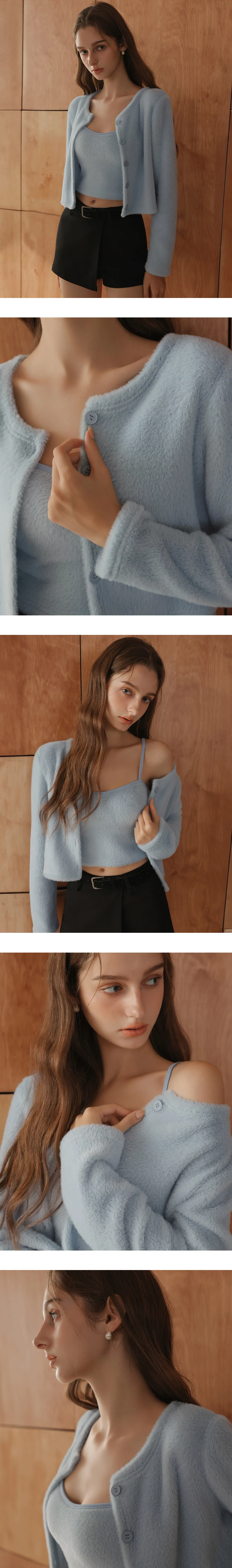 Fluffy Knit Cropped Cardigan and Matching Spaghetti Strap Camisole Set Wear