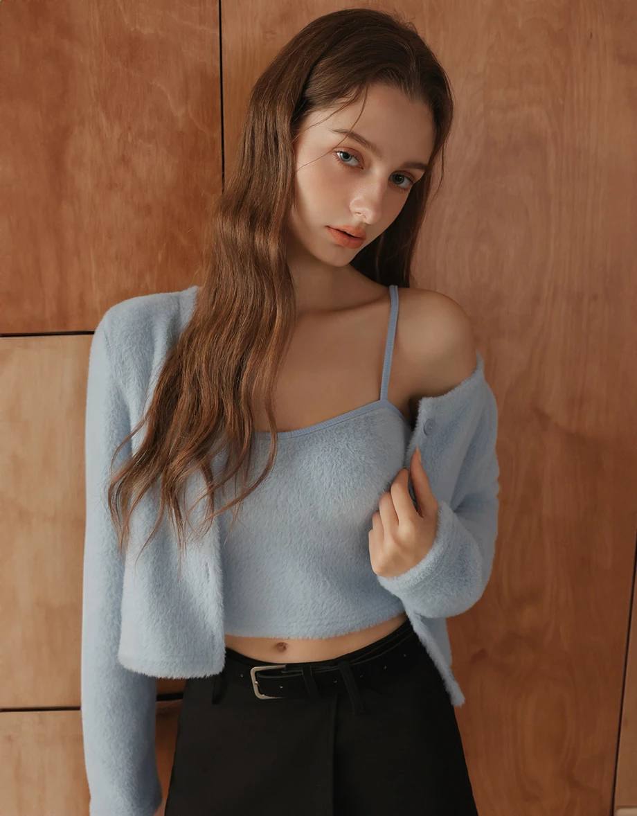 Fluffy Knit Cropped Cardigan and Matching Spaghetti Strap Camisole Set Wear