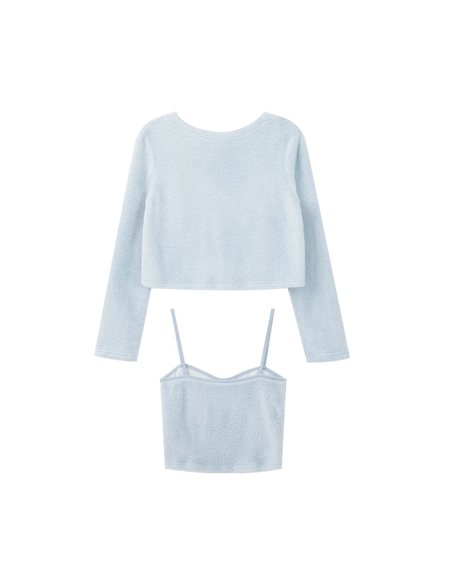 Fluffy Knit Cropped Cardigan and Matching Spaghetti Strap Camisole Set Wear