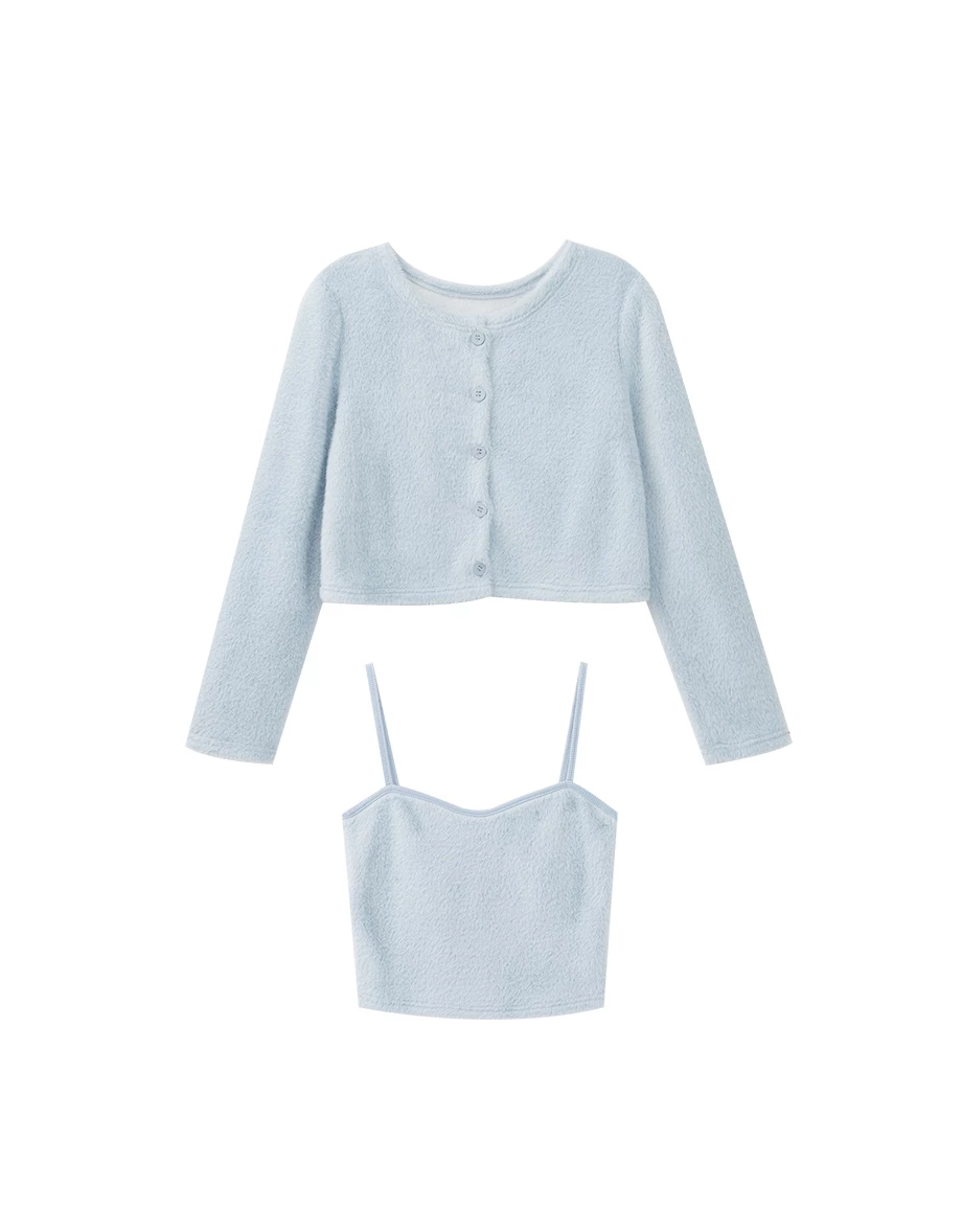 Fluffy Knit Cropped Cardigan and Matching Spaghetti Strap Camisole Set Wear