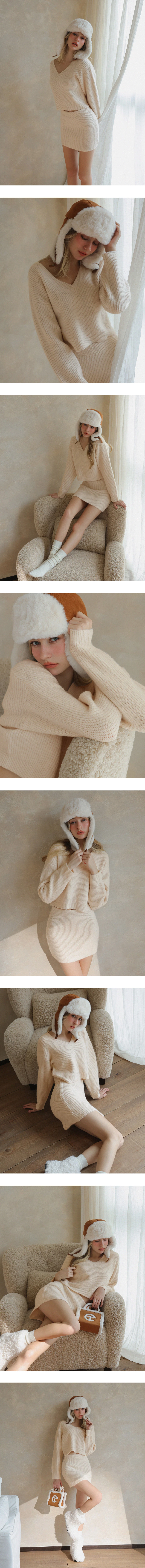 Cozy Ribbed Knit V Neck Long Sleeve Top and Matching Mini Skirt Set Wear